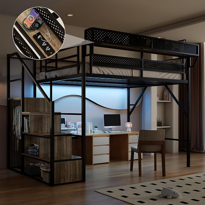 Full Size Metal Loft Bed with Storage Stairs, Wardrobe & Charging Station | Storage Shelve,Convertible Staircase,LED Lights, Solid Wood Stairs, Safety Guardrail, Noise-Free, No Box Spring Needed