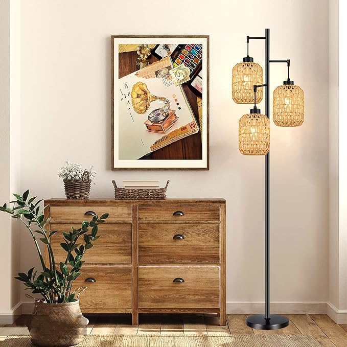 QIYIZM Floor Lamp for Living Room,Bedroom,Boho Rattan Tree 3 Lights Farmhouse Floor Lights,Industrial Black Standing Lamp Wicker Rustic Tall Lamp,Woven Bamboo LampShade Floor Lamps Bohemian