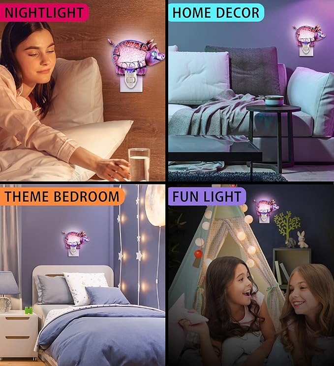 Puzzled Glass Pig Night Light - Decorative Glass Art Animal Night Light for Kids with On and Off Switch, Cute Lamp for Nursery Room, Perfect Plug in Boys and Girls Night Decorations for Bedroom Light