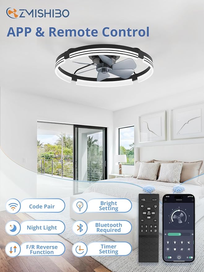 ZMISHIBO Low Profile Ceiling Fans with Lights and Remote, 24 “ Black | 3000K-6000K Dimmable Fandelier LED, Flush Mount, 6 Wind Speeds, Reversible, Timer, Bedroom, Living Room, Kitchen, Kids Room
