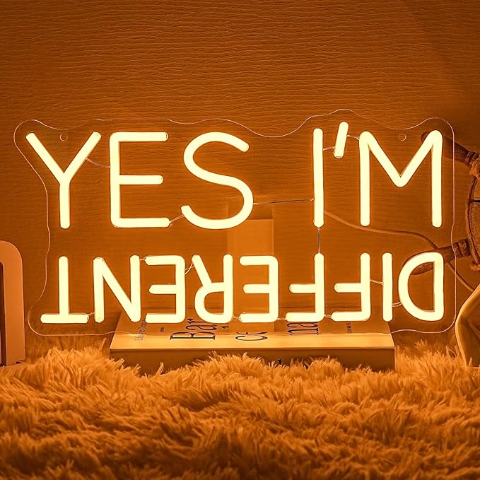 Yes I'm Different Neon Art Sign I'm Different LED Sign Warm White Letter Neon Light Sign Inspirational Quote Light for Motivational Party Music Classroom Bedroom Home Wall Art