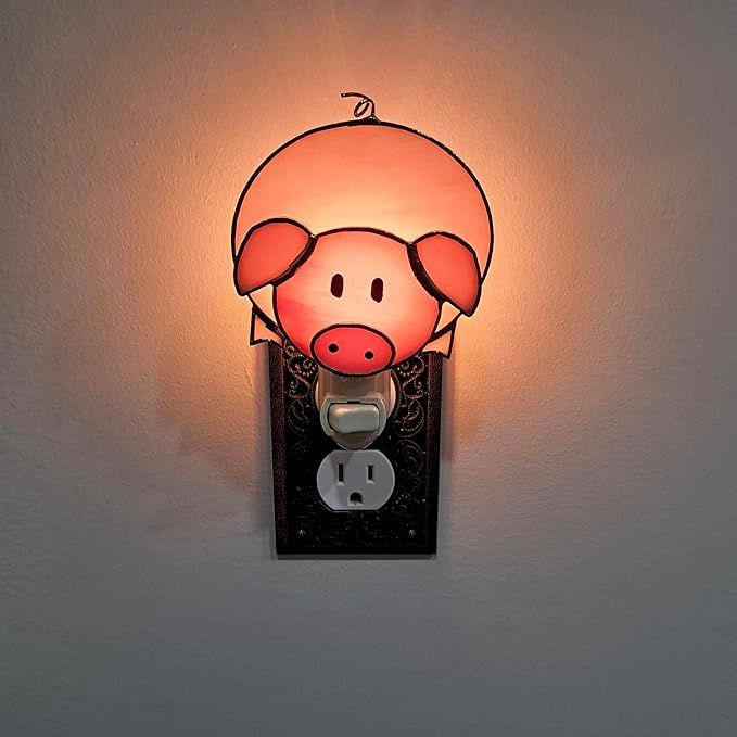 Gift Essentials Pink Pig Plug in Night Light - Stained Glass Nightlight with On/Off Rocker Switch - Includes One 4 Watt Replaceable Incandescent Warm Glow Bulb