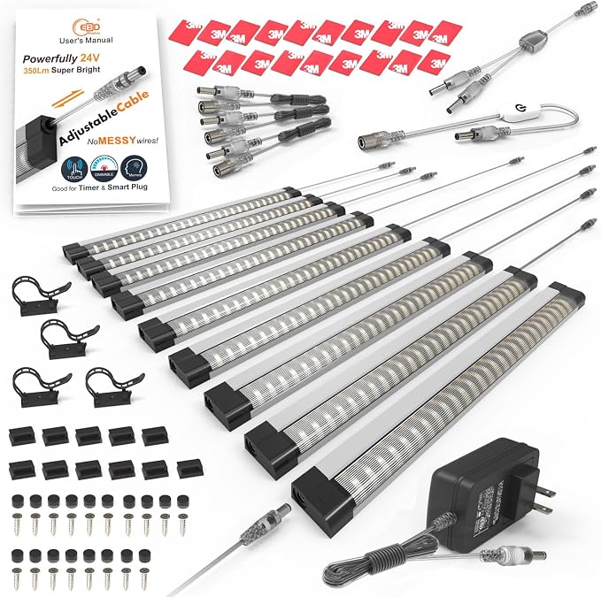 EBD Under Cabinet Lighting Plug in or Hardwired, 9 Pcs 12 Inch, No Messy Wires Built-in Adjustable Cable LED Light 6500K 4050Lm, 3 Cables Y Splitter Neat Counter Lights for Kitchen Shelf Home Office