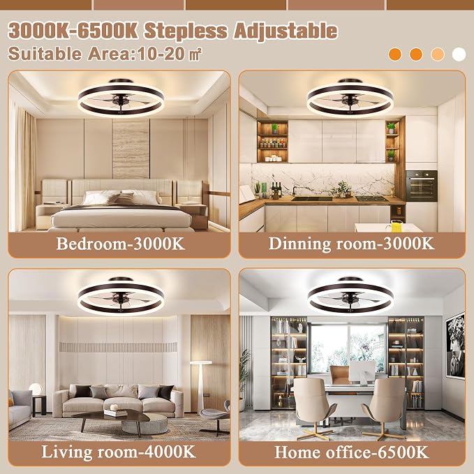 VOLISUN Low Profile Ceiling Fans with Lights and Remote, 19.7in Flush Mount Ceiling Fans with Light, 3000K-6500K Dimmable Fandelier LED Fan Light, Brown Bladeless Ceiling Fans with Lights for Bedroom