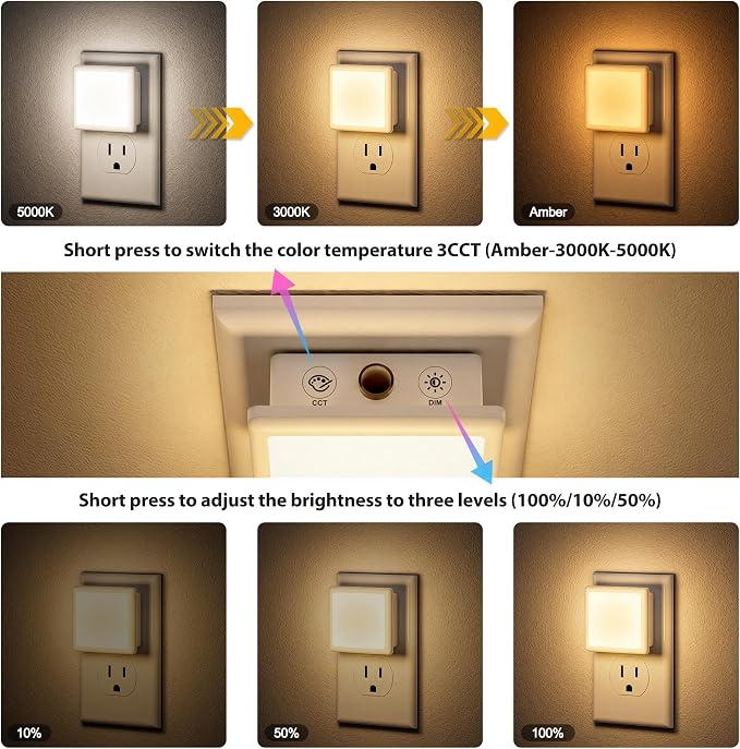 JandCase LED 3CCT Night Lights Plug into Wall, 0.3W Plug in Night Light | Dimmable, Dusk to Dawn Sensor, 2 Pack Bright Nightlight Auto-On/Off, for Adults Kids Room Bedroom Bathroom Hallway Kitchen