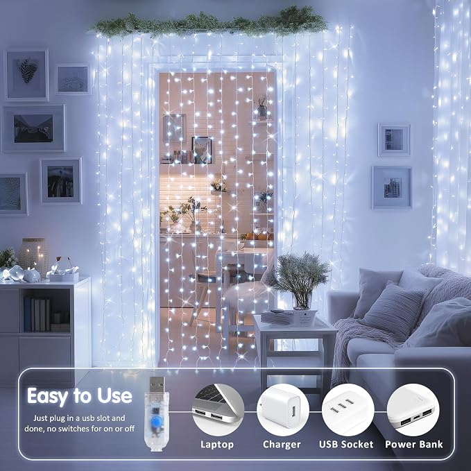 JMEXSUSS 200 LED White Curtain Lights, USB Powered, 6.5ft x 6.5ft | White Christmas Lights with Remote, 8 Modes Hanging String Lights for Bedroom Wall Wedding Party Backdrop Window Decor