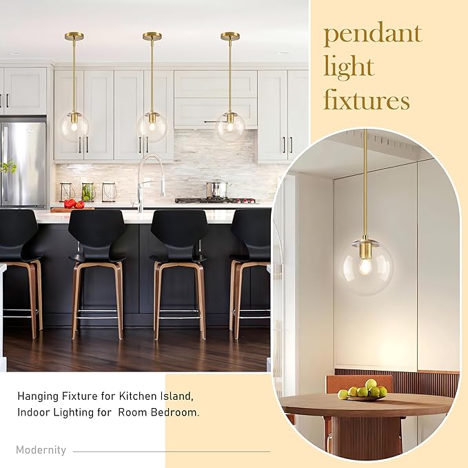8" Globe Pendant Light Gold 2 Pack Mid Century Pendant Light Globe Pendant Lights Kitchen Island Brushed Brass Finished with Clear Glass Adjustable Ceiling Light Fixtures for Dining Room Bar