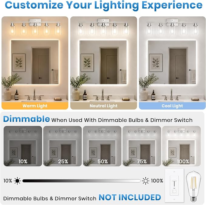 Ascher 5 Light Bathroom Light Fixture, Brushed Nickel Bathroom Lighting Fixtures Over Mirror, Vanity Light with Clear Glass Shade, Wall Sconce for Living Room Bedroom Cabinet, E26 Base