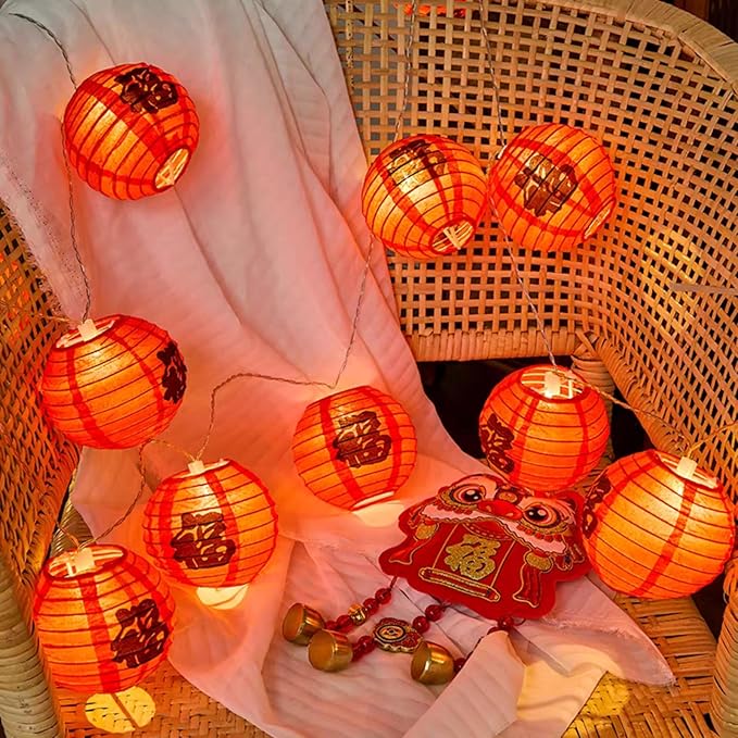 RJZZ Chinese New Year Decorations 2026 Chinese Lanterns Lights 9.4Ft Fu Character Lantern String Lights Battery Operated 10 Count Lunar New Year Decorations New Years Decor for Home