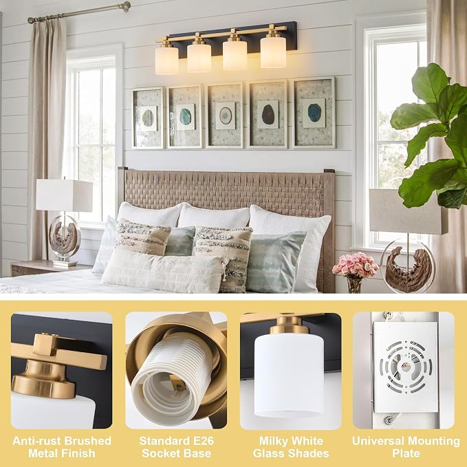 Modern Bathroom Light Fixtures Over Mirror, Vanity Lights for Bathroom Wall Sconces with Milky White Glass Shades, E26 Socket (Bulbs Not Included), 4 Light, Black Gold