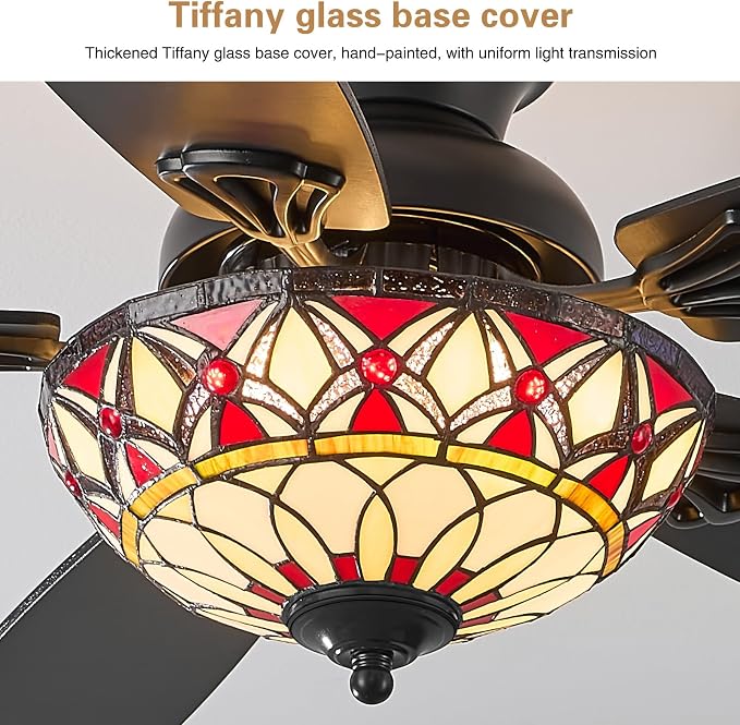 Tiffany Ceiling Fans with Lights-52"Ceiling Fan Chandelier and Glass Shade | 52" Ceiling Fan Chandelier with 5 Dual-Blades and Glass Shade, 6 Speeds and Reversible, Indoor and Outdoor, Retro Style