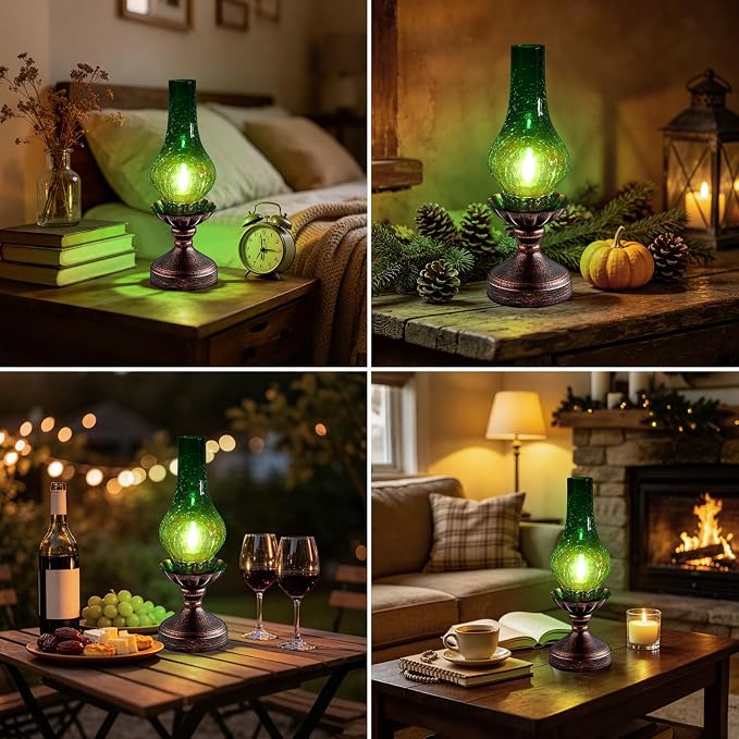 Vintage Table Lamp with Green Crackle Glass Shade,Touch Control & 3-Way Dimmable Rustic Retro Farmhouse Bedside Lamp for Bedroom, Living Room, Cabin, Office (2700K LED Candle Bulb Included)
