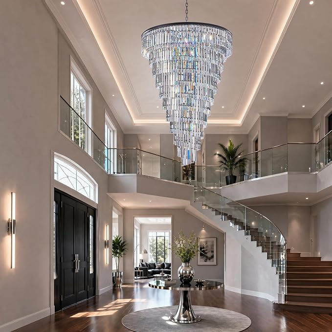 48 Lights Spiral Crystal Chandelier Black Modern Light Fixture Large Chandelier, 48'' W High Ceiling Foyer Ceiling Hanging Pendant, Entryway, Dining Room, E12 LED Bulbs, Black