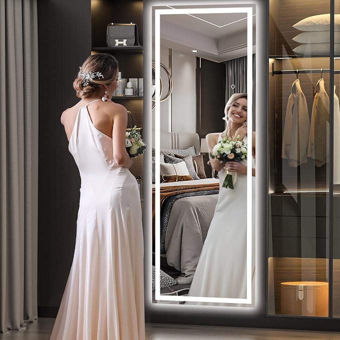 Hasipu Full Length Mirror with Lights, 67" x 20" LED Lighted Floor Standing, Full Body Dressing Hanging Mounted Mirror, Tempered Glass, Square Black