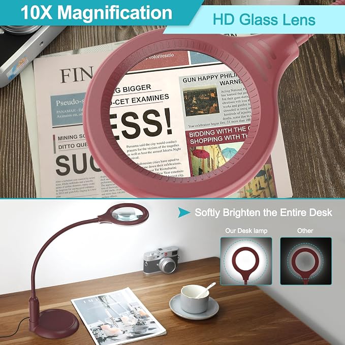 10X Magnifying Glass with Light and Clamp, 5 Color Modes Stepless Dimmable Lighted Magnifier with Stand, Flexible Gooseneck LED Desk Lamp Hands Free for Craft Painting Hobby Close Work - Red