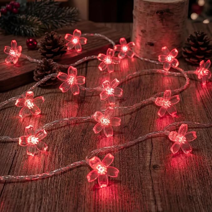 Flower Battery Operated Indoor String Lights 30L Cherry Blossom Fairy Light | Waterproof Outdoor Garden Party Camping Birthday Wedding Room Red