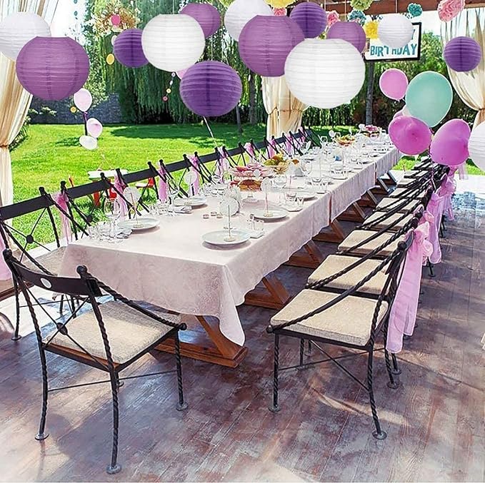 12pcs Purple Paper Lanterns with 12pcs White LED Lights, 6" 8" 10" 12" Round Hanging Chinese/Japanese Ball Lantern for Mardi Gras Wedding Anniversary Birthday Party Decorations