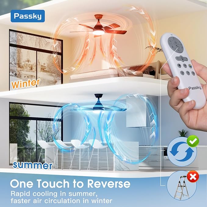 Passky 42 Inch Black Sleek Ceiling Fans with Lights, Remote Control | 3-color dimmable light, quiet reversible DC motor, easy install, memory, Timer, bedroom, covered outdoor areas