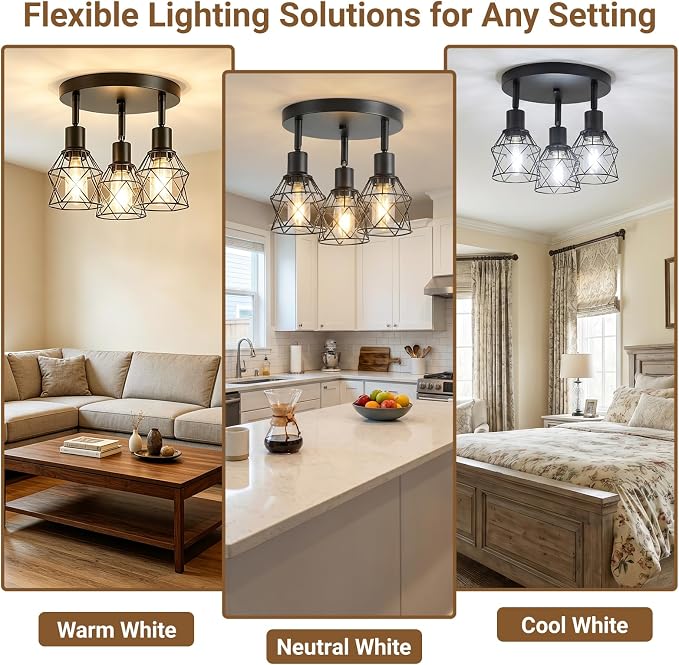 LOUSACE 3-Light Track Lighting with Rotatable Light Head, Black Track Lighting Fixtures Ceiling Industrial Kitchen Round Ceiling Spotlight with Metal Cage for Home Dining Room Hallway