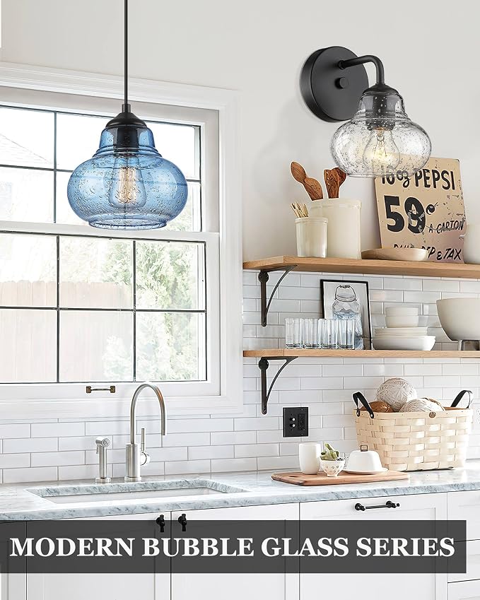 ELYONA 8 Inch Pendant Light for Kitchen Island Modern Blue Hand Blown Bubble Glass Pendant Lighting Hanging Light fixtures for Dining Room Bar Bedroom Living Room