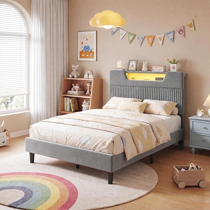 Homkdom Twin Bed Frame with Charging Station & Storage Headboard,Grey | 1USB-C & 2USB-A Charging, RGB LED Lights,7.78" Under-bed Storage,Velvet Upholstered Headboard,No Box Spring,Easy Assembly.