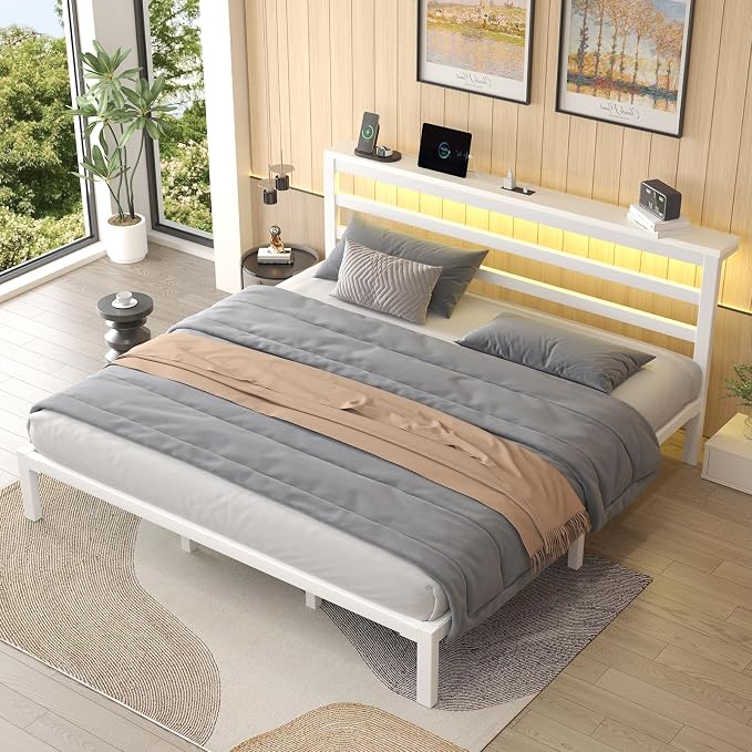 LOEWAY King Size Metal Bed Frame with Storage Headboard & LED Lights, White | Built-In Charging Station, Under-Bed Storage, Heavy Duty Metal Slats, No Box Spring Needed, Solid and Stable, Easy Assembly