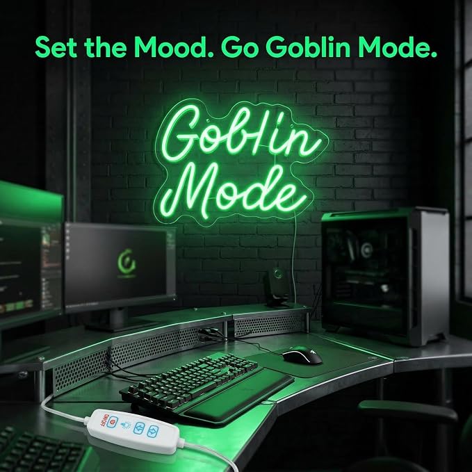 Goblin Mode Neon Sign Wall Decor for Bedroom, Living Room, Man Cave, Birthday Party, Goblin Mode Glow Neon Light, Dimmable, USB Power, Green(14.1"x11")