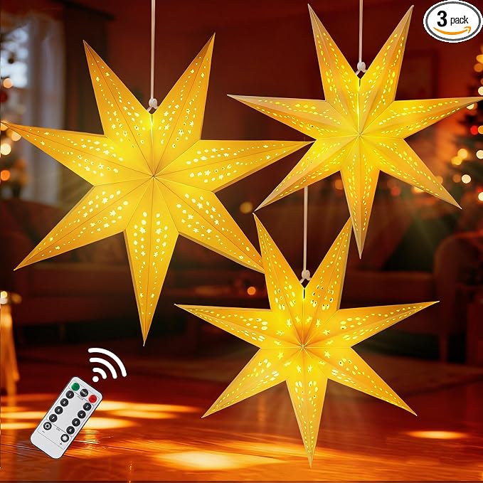 Large Paper Star Lanterns with Lights, 3D 7 Pointed Christmas Paper Lanterns, 3Pcs Foldable Decorative Christmas Hanging Decorations for Xmas Wedding New Year Party Home Decor Indoor, 24/18 Inch