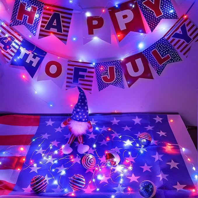 4Pack 80FT 240LED Red White and Blue Fairy Lights Battery Operated with Remote | 4th of July Decorations Twinkle Lights with Timer | American Flag Light for Independence Day Patriotism Decorations