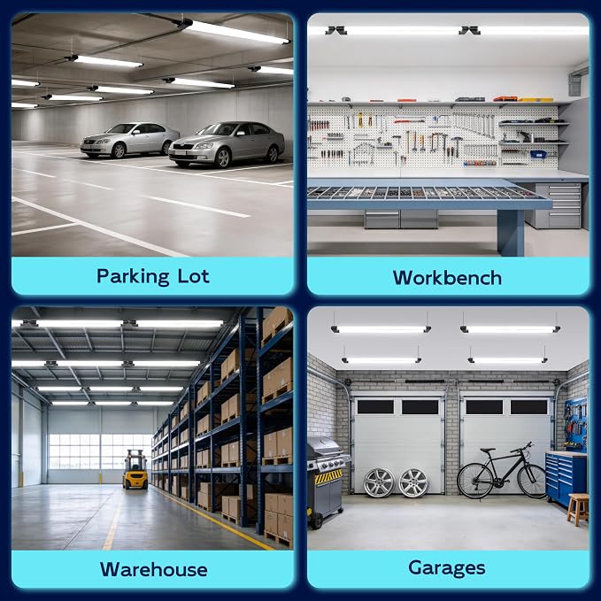 hykolity 4FT 60W LED Shop Light,6500LM[450W Equivalent] 5000K Daylight | Plug-in Utility Linkable Shop Lights for Garage Workshop Warehouse Basement, Ceiling Hanging or Surface,Black,4 Pack