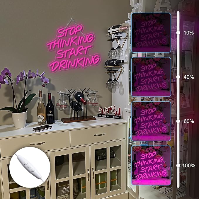 Stop Thinking Start Drinking Neon Sign Pink Led Neon Signs Letter Neon Lights Neon Bar Signs for Wall Decor USB Light Up Sign Neon for Home Bar Man Cave Party Club Restaurant