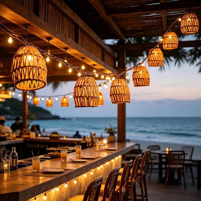 8.5FT Plug in Tiki Lantern String Lights,10 Boho Paper Rattan Lantern, Connectable Decorative String Lights Outdoor Indoor for Bedroom Patio Garden Pergola Porch Holiday Christmas