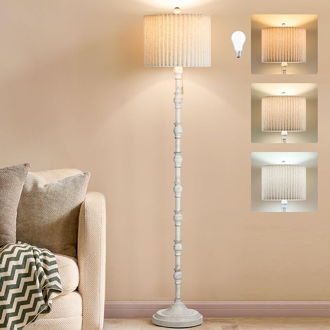 63.5'' Floor Lamps for Living Room, Farmhouse Floor Lamp for Bedroom with 3 Color Temperatures, Vintage Standing Lamps for Living Room, Living Room Light, Chain Switch, Bulb Included, White