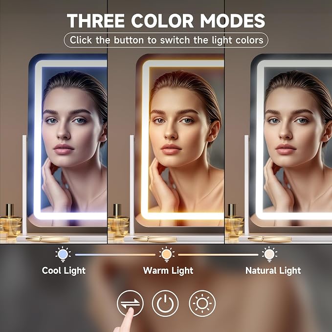 Hasipu Vanity Mirror with Lights, 24" x 20" LED Makeup Mirror, Light up Mirror with Smart Touch 3 Colors Dimmable, Brightness Adjustment, 360° Rotation (White)