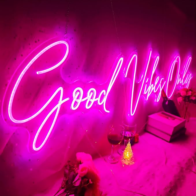 Super Large Good Vibes Only Neon Signs for Wall Decor, 57 Inch Good Vibes Only Neon Sign Large with Remote Dimmer, Neon Light Sign for Living Room Wedding Christmas Party, Bar, Club Decor, Hot Pink