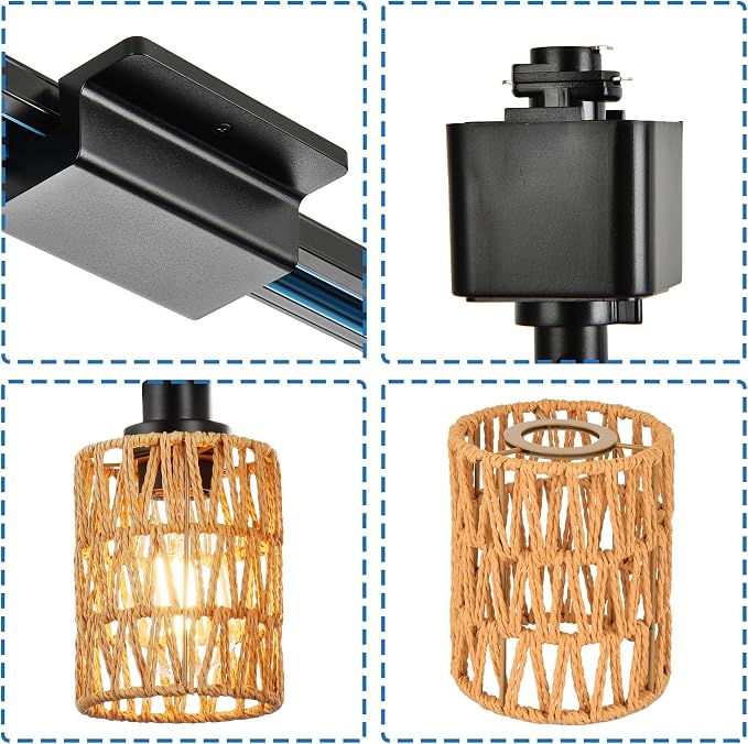 MELUCEE 4 Packs H-Type Track Hanging Light Black Ceiling Track Lighting | Rattan Pendant Light for Kitchen Island Dining Room Restaurant, Compatible with H Type Track Lighting Rail, E26 Socket