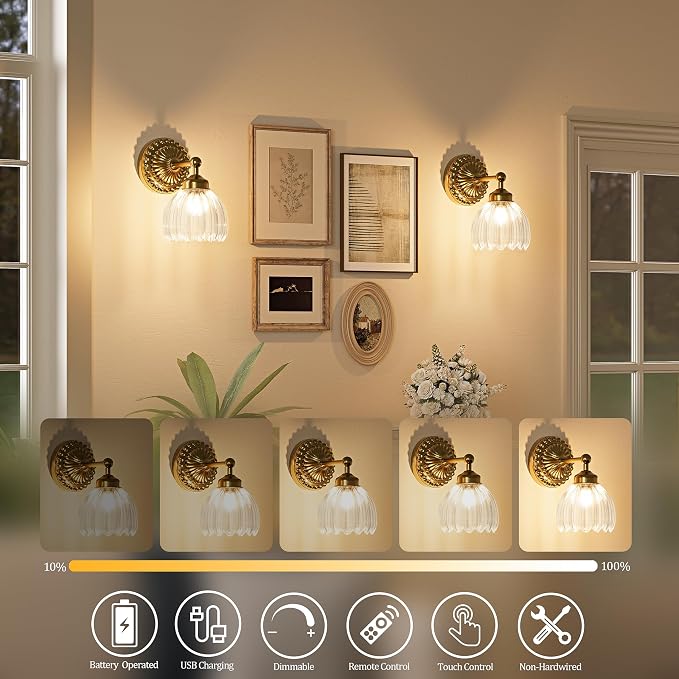 Battery Operated Wall Sconce, Vintage Wall Light, 2 Pack, Clear Tulip Glass | Gold Metal Base, 5200mAh Rechargeable, Dimmable LED, Remote Control, Cordless, Bedside, Bedroom, Doorway, Living Room