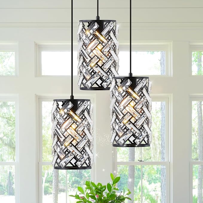 Black Crystal Cluster Pendant Light, 3-Light Kitchen Island Hanging Light | 3-light black crystal pendant with adjustable height, E26 sockets, dimmable for kitchen islands, dining rooms and bedrooms
