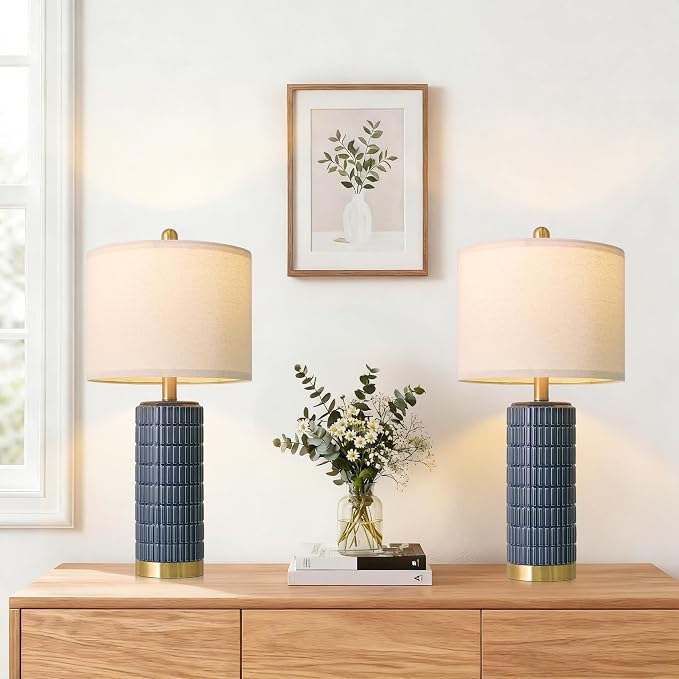 PoKat 25'' Blue Table Lamps for Bedroom Living Room Set of 2, Modern Ceramic Bedside Lamps with Gold Base for Office Sideboard Entryway Side End Table Nightstand Desk Lamps Home Gift (Dark Blue)