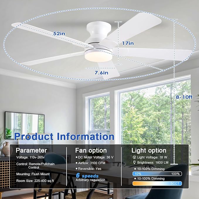 52 inch Ceiling Fans with Lights, White Flush Mount Ceiling Fan with Remote, 3CCT, LED Dimmable, Reversible, 6 Fan Speeds, Quite Low Profile Ceiling Fan with Lights Modern Bedroom Kitchen Indoor