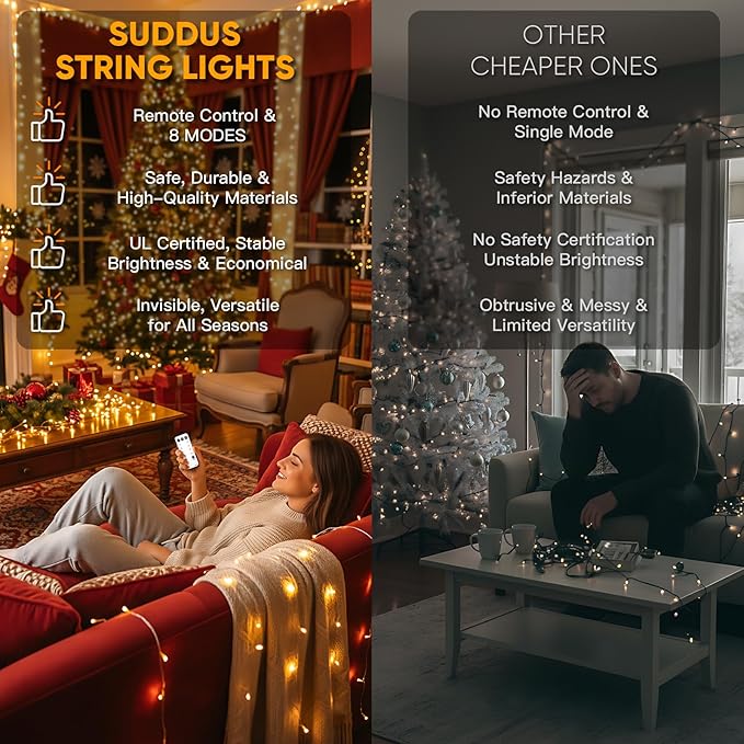 suddus Indoor Christmas Lights with Remote, Warm White String Lights Plug in with Timer, 33ft 100 LED Twinkle Fairy Lights for Bedroom Dorm Xmas Tree Wreath Wedding Garden Party Outdoor Decorations