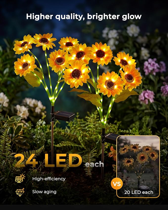 Brightown 3 Pack 6 Head Solar Sunflower Garden Stake Lights Waterproof | 18 glowing stem sunflowers, waterproof solar powered, auto on off decorative stakes for yard, patio, lawn outdoor decoration
