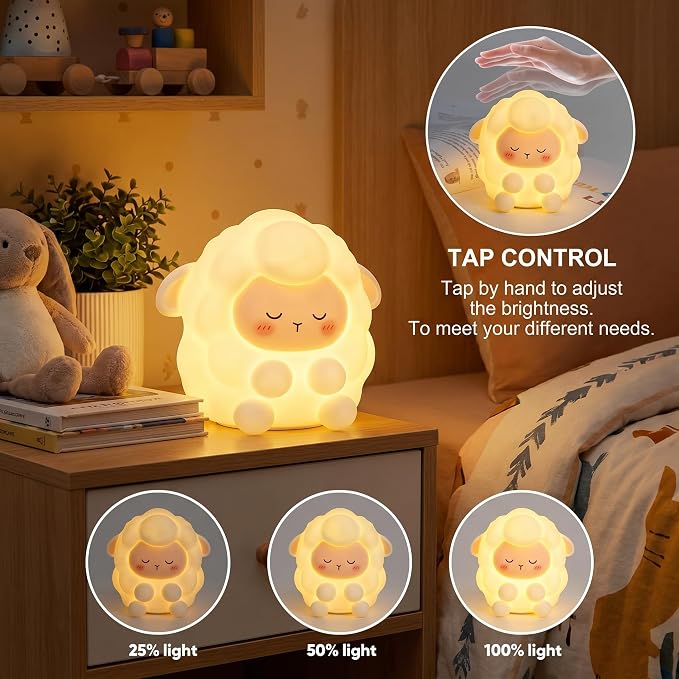 Cute Sleepy Sheep Silicone Night Light, Rechargeable Touch Control LED Lamp, 3 Level Dimmable Warm White Squishy Nursery Nightlight, Baby Kids Bedroom Bedside Decor Gift Lamp