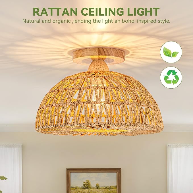 Boho Ceiling Light Fixtures,Rattan Light Fixture,Small Boho Chandelier Hand Woven Ceiling Light with Wooden Base,Rattan Flush Mount Ceiling Lights for Bedroom Hallway Kitchen Entryway Nursery