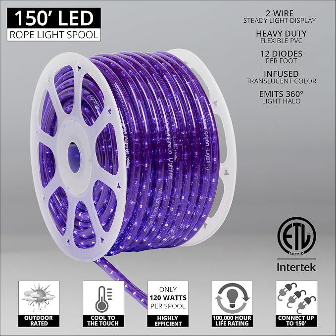 Wintergreen Lighting 150' Purple LED Rope Light, Halloween Rope Lighting LED Flexible Light Rope String Light Outdoor, 120V, ½ Inch, 2-Wire - Rope Light Clips and Power Cord Included