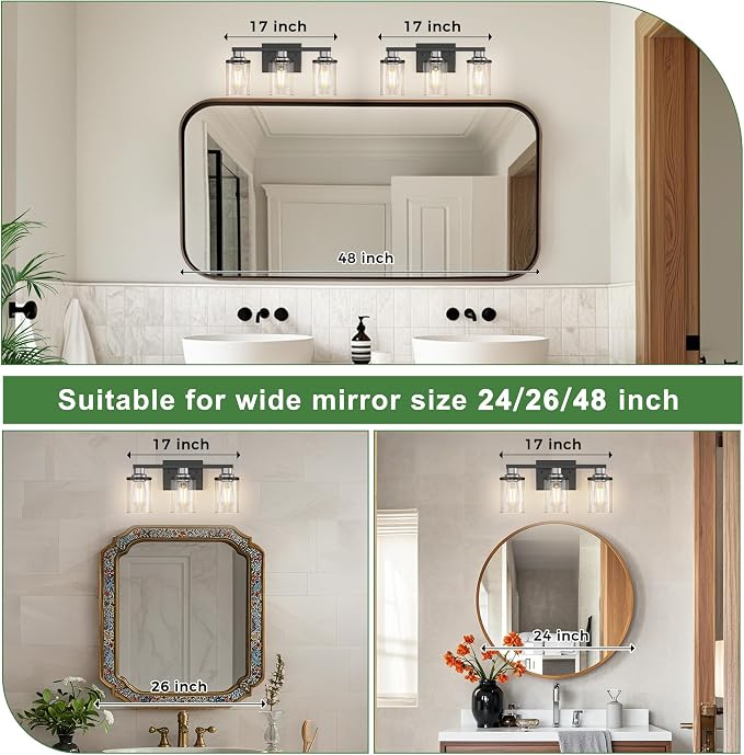 17 Inch 3-Light Black Nickel Bathroom Vanity Light | Modern Black Nickel Vanity Light Fixture, Clear Glass Shade Bathroom Wall Light, Mirror Lighting for Bedroom Living Room