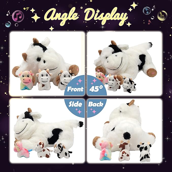 Hopearl LED Musical Stuffed Cow Lighting Up Singing Plush Toy Playset Mommy Cow with 3 Baby Dairy Cows in her Tummy Adjustable Volume Lullaby Animated Soothe for Mom Kids, 15''