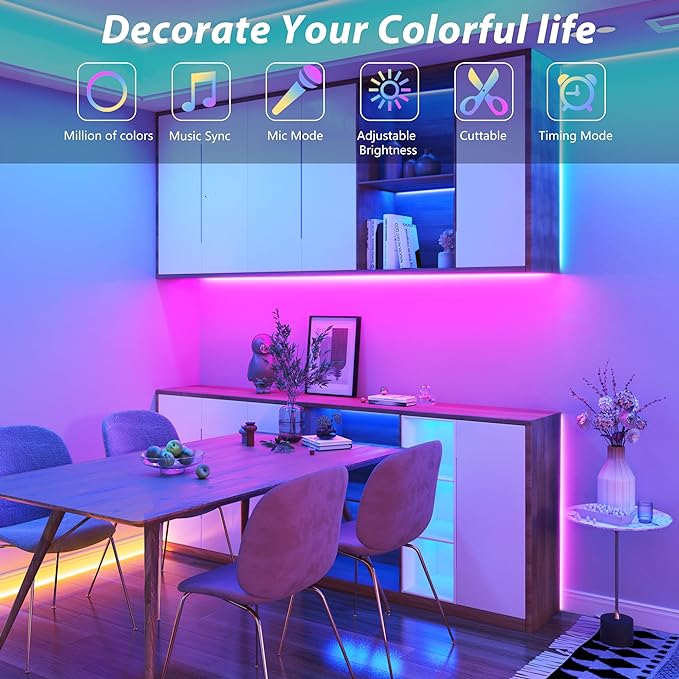 50 ft LED Lights for Bedroom Music Sync RGB LED Strip Lights with APP & Remote Control LED Lights for Room Home Party Christmas Wall Decor (1 Roll of 50ft)
