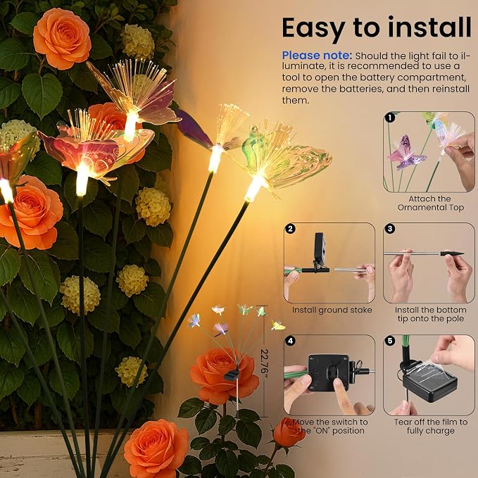 Solar Garden Lights,2Pack Swaying Butterfly Lights Garden Decor | Warm White LED Solar Lights for Outside Yard,Lawn,Patio,Pathway Decoration Gardening Gifts