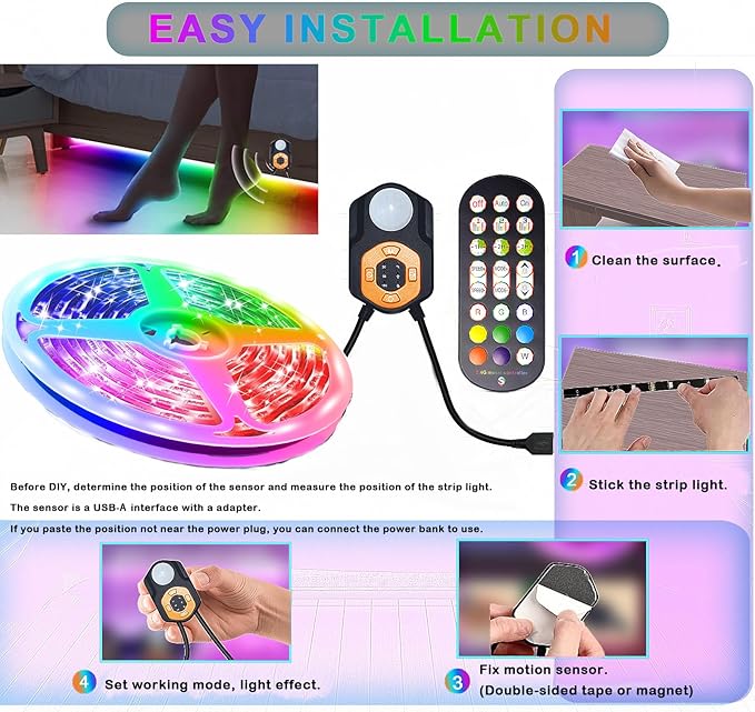 LED Strip Light Motion Sensor Under Bed Lights 2*9.84FT RGB,Remote/APP Control/Dimmable/Music Sync/Auto-Off Timer/Motion Activated Led TV Night Light for Bed Stair Cabinet Party Desk Wardrobe,Decorate